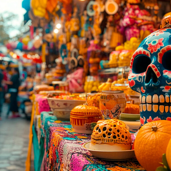 Mercadillo en México con puestos y altar para la celebración del Día de Muertos.