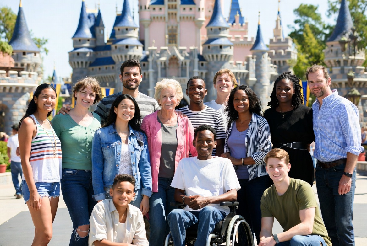 Grupo diverso de viajeros en un parque temático con accesibilidad